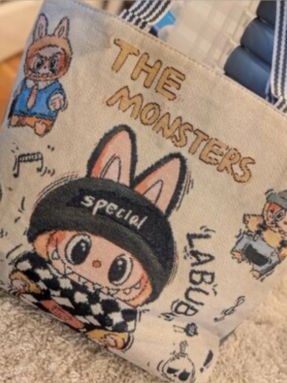 The Monsters Labubu Canvas Kids Tote Bag - Beige with Black Accents